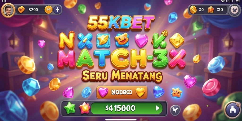 Screenshot 55KBET menampilkan gameplay Match-3 yang seru dan penuh warna.