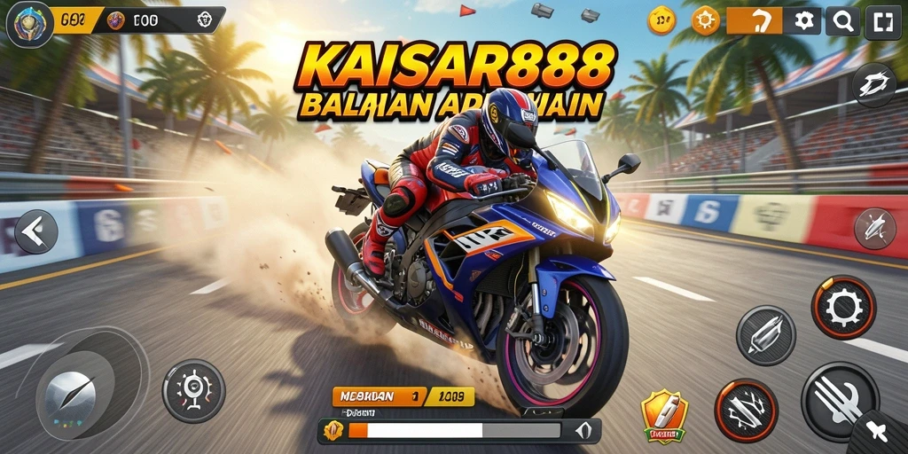 Screenshot gameplay KAISAR888 menampilkan balapan motor yang seru dan mendebarkan.