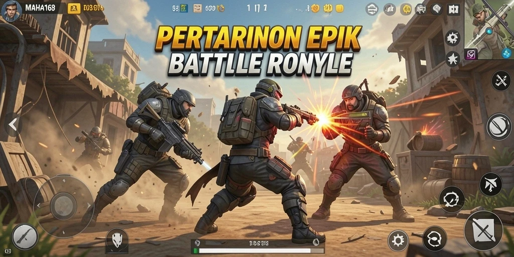 Tangkapan layar utama MAHA168 yang menunjukkan aksi intens Battle Royale.